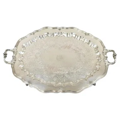 Pre-owned Sheffield Vintage English  Victorian Silver Plated Oval Scalloped Platter Tray In Beige