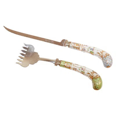 Pre-owned Sheffield Vintage  Carving Knife And Fork Set With Porcelain Handles In Sand
