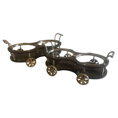Pre-owned Sheffield Wonderful Pair English  Silver Plated Decanter Carriage Trolley Wagons In Black