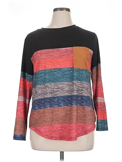 Pre-owned Shein Curve Long Sleeve Top Black Color Block Pattern Crew Neck Tops