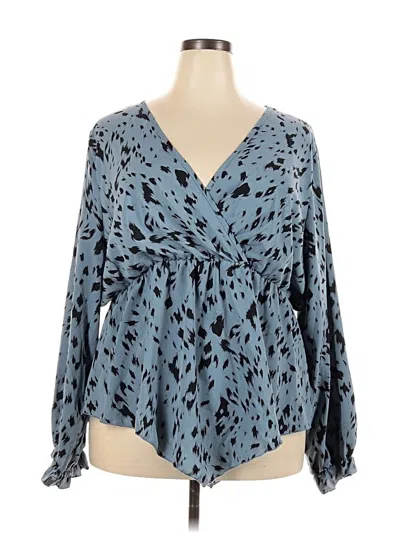 Pre-owned Shein Curve Long Sleeve Top Blue Plunge Neckline Tops