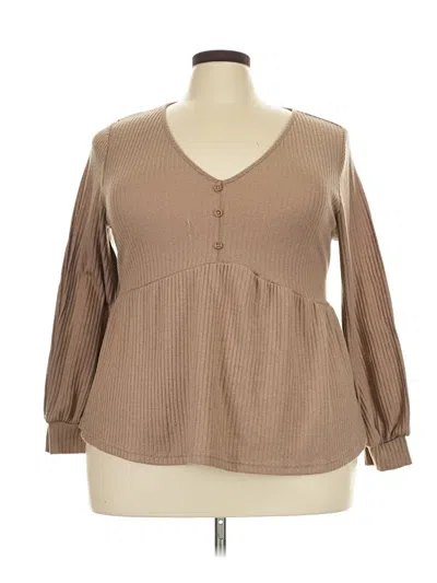 Pre-owned Shein Curve Long Sleeve Top Tan Plunge Neckline Tops