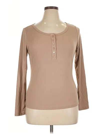 Pre-owned Shein Curve Long Sleeve Top Tan Scoop Neck Tops In Brown