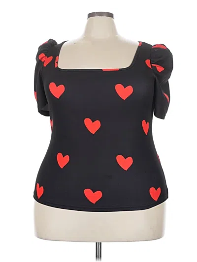 Pre-owned Shein Curve Short Sleeve Top Black Hearts Pattern Sweetheart Neckline Tops