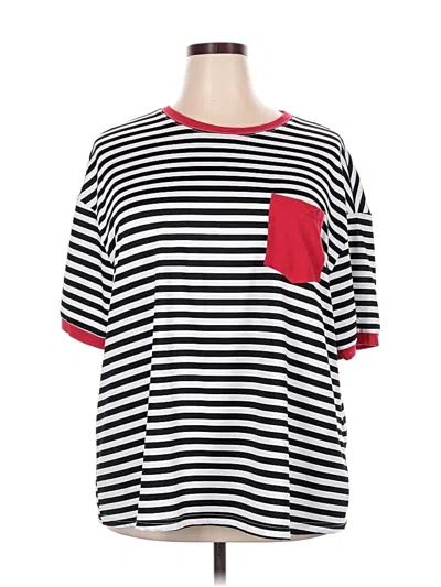 Pre-owned Shein Curve Short Sleeve Top Black Stripes Pattern Crew Neck Tops