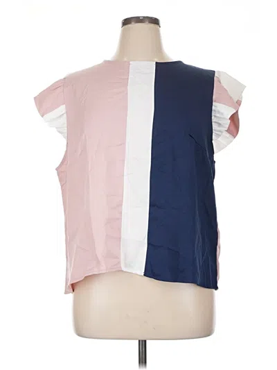 Pre-owned Shein Curve Short Sleeve Top Pink Color Block Pattern One Shoulder Neckline Tops