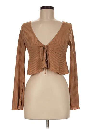 Pre-owned Shein Long Sleeve Top Brown Plunge Neckline Tops