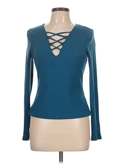 Pre-owned Shein Long Sleeve Top Teal Keyhole Neckline Tops In Blue
