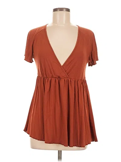 Pre-owned Shein Short Sleeve Top Brown Plunge Neckline Tops