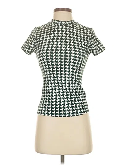 Pre-owned Shein Short Sleeve Top Green Houndstooth Pattern Mock Neckline Tops
