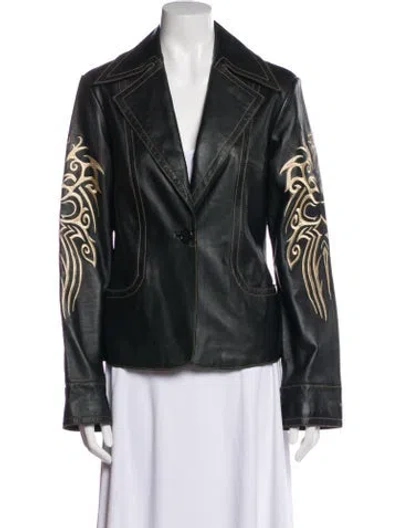 Pre-owned Sheri Bodell Leather Graphic Print Biker Jacket In Black
