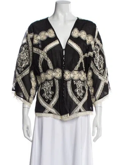 Pre-owned Sheri Bodell Patterned V-neck Blouse In Black