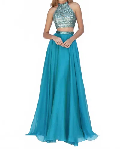 Sherri Hill 2 Piece Beaded Halter Crop Top And Chiffon Skirt Set In Jade In Blue
