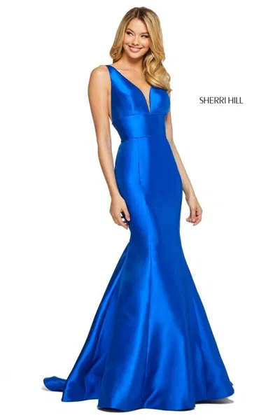 Pre-owned Sherri Hill 53660 Mikado Fitted Mermaid Plunging Sweetheart V Neck Royal Size 0 In Blue