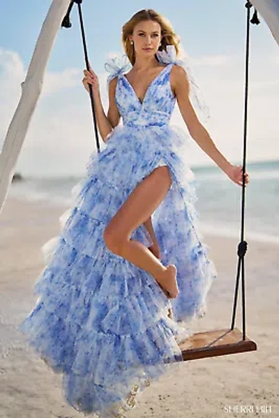 Pre-owned Sherri Hill 56124 Evening Dress Lowest Price Guarantee Authentic In Ivory/blue