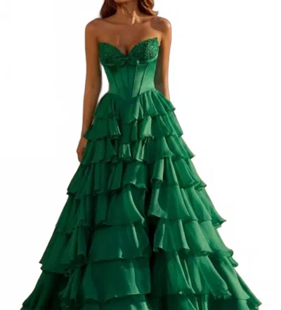 Sherri Hill 57586 Strapless Silk Corset Chiffon Ruffle Skirt Ballgown Dress In Emerald In Multi