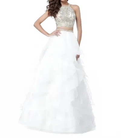 Sherri Hill Ace High Neck Floral Embroidered Gown In Ivory/gold In White