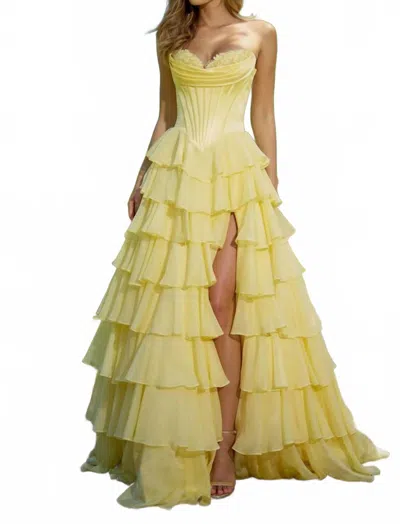 Sherri Hill Basque Waist Ruffle Skirt Dress In Yellow