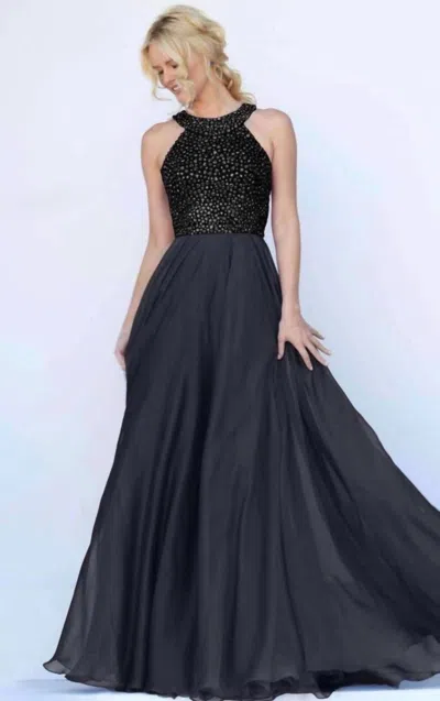 Sherri Hill Beaded Bodice Chiffon Gown In Black