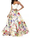 Sherri Hill Beaded Corset Bodice Prom Dress In Ivory/print In Multi