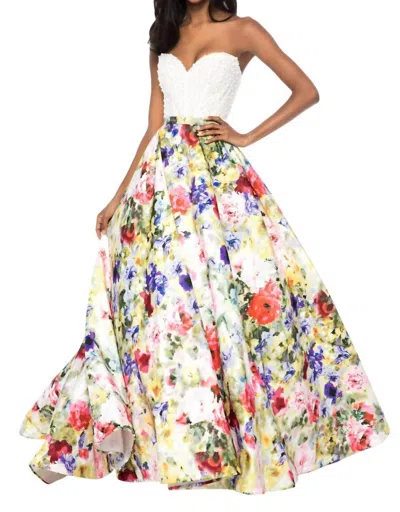 Sherri Hill Beaded Corset Bodice Prom Dress In Ivory/print In Multi