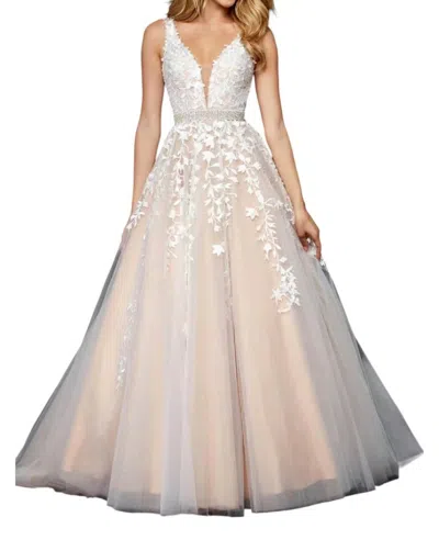 Sherri Hill Beaded Embroidered Tulle V Neck A Line Dress In Ivory Nude In Neutral