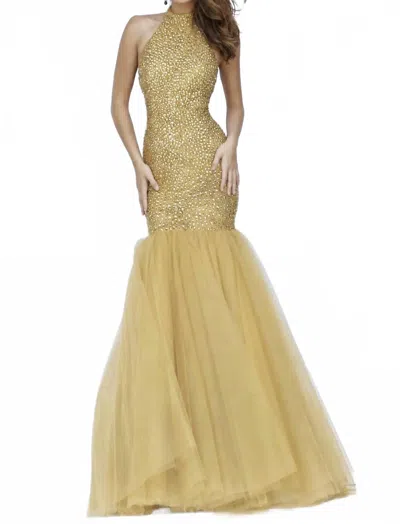 Sherri Hill Beaded Halter Mermaid Gown In Gold