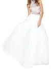 SHERRI HILL BEADED HALTER TULLE SKIRT GOWN IN IVORY