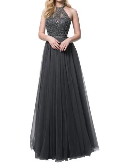 Sherri Hill Beaded Halter Tulle Skirt Prom Dress In Grey In Black