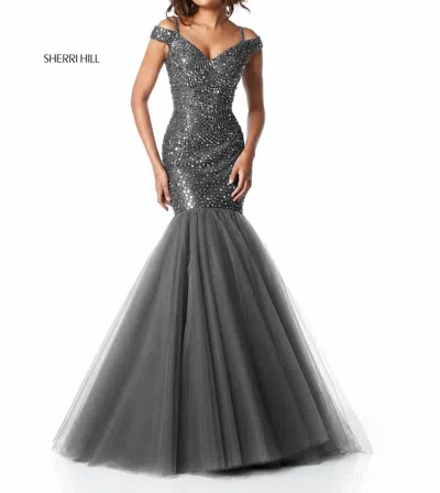 Sherri Hill Beaded Mermaid Gown In Grey In Silver