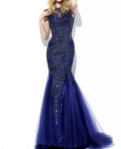 Sherri Hill Beaded Mermaid Gown In Navy In Blue