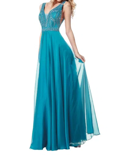 Sherri Hill Beaded V Neck Gown In Jade In Blue