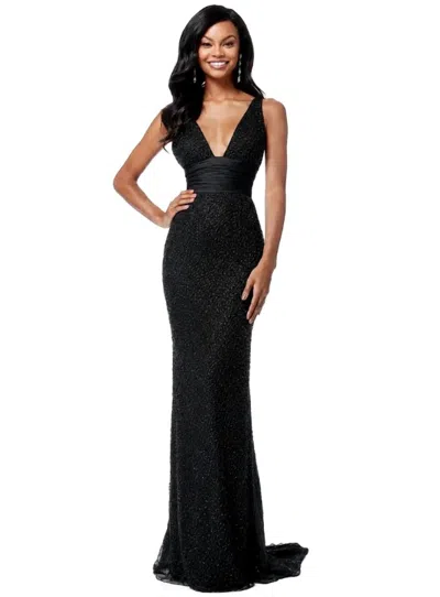 Sherri Hill Beaded V-neck Gown In Black