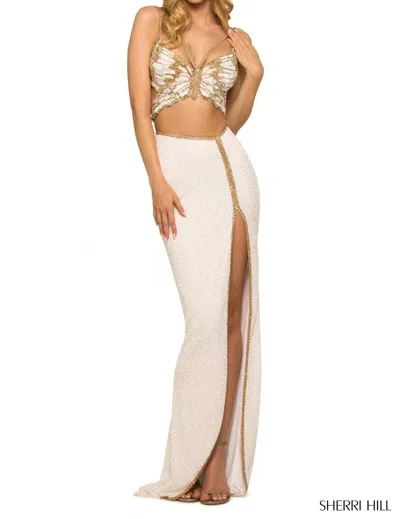 Sherri Hill Butterfly Top Two Piece Prom Dress In Ivory/gold In Multi