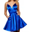 Sherri Hill Charmeuse Cocktail Dress With V-neck Bodice In Royal In Blue