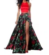 Sherri Hill Charmeuse Two-piece Halter Casual Dress In Red/black Print In Multi