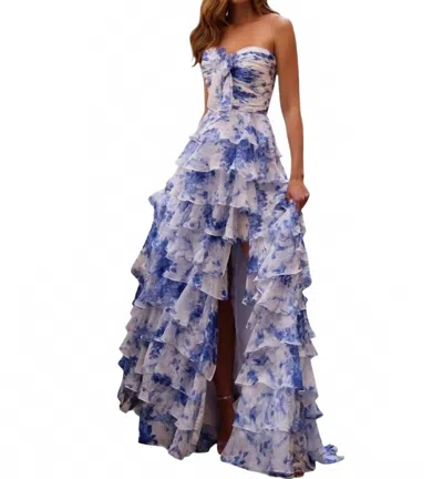 Sherri Hill Chiffon Strapless Ruffle Gown With Slit In Floral In Multi
