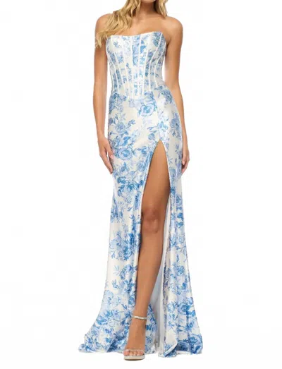 Sherri Hill Corset Bodice Floral Strapless Dress In Ivory/blue In Multi
