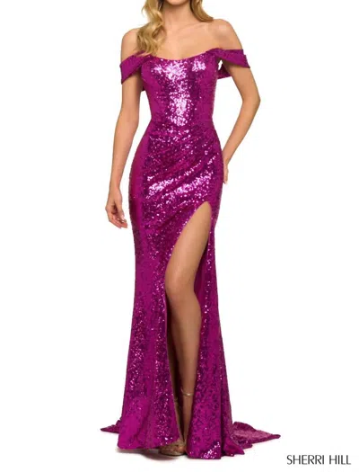 Sherri Hill Elegant Off The Shoulder High Slit Dress In Bright Fuchsia In Multi