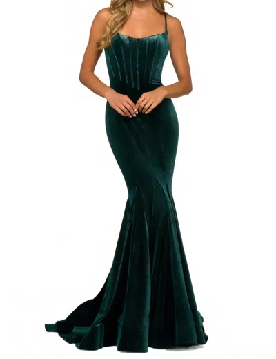 Sherri Hill Corset Bodice Velvet Prom Gown In Emerald In Gold