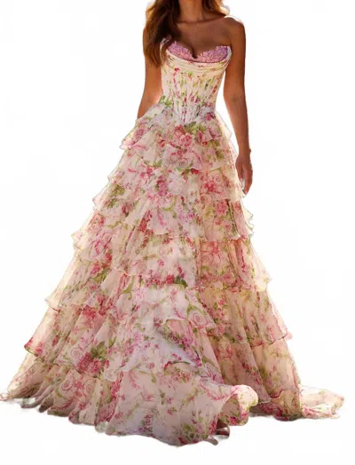 Sherri Hill Corset Top Ruffle Skirt Floral Dress In Ivory/pink/green Print In Multi