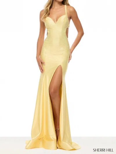 Sherri Hill Criss Cross Back Hot Fix Dress In Light Yellow