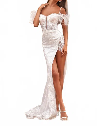 Sherri Hill Cutaway Slit Feather Straps Dress In Ivory In White