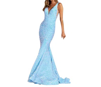 Sherri Hill Dazzling V-neck Low Open Back Panel Dress In Light Blue