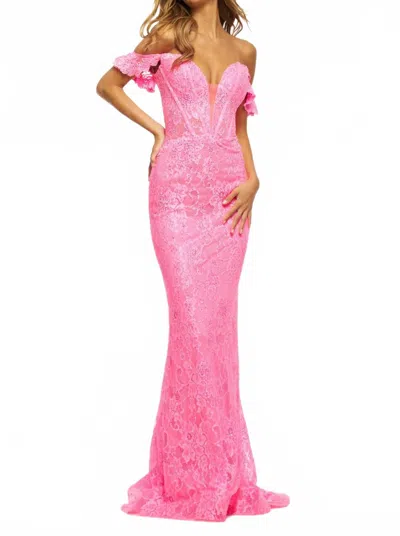Sherri Hill Elegant Off The Shoulder Lace Dress In Bright Pink