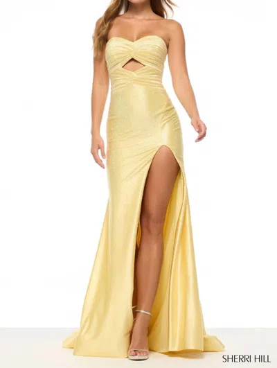 Sherri Hill Elegant Pleated Top Strapless Hot Fix Dress In Yellow