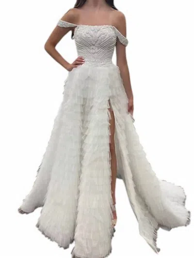 Sherri Hill Embellished Off Shoulder Tulle A-line Dress In Ivory In White