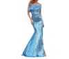 SHERRI HILL FEATHER FRINGED SEQUIN EVENING GOWN IN VINTAGE BLUE