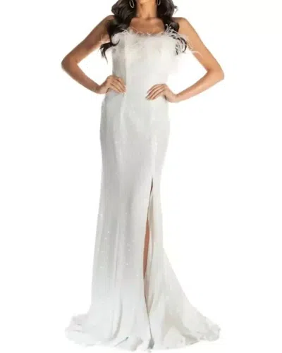 Sherri Hill Feather Fringed Sequin Gown In Light Ivory