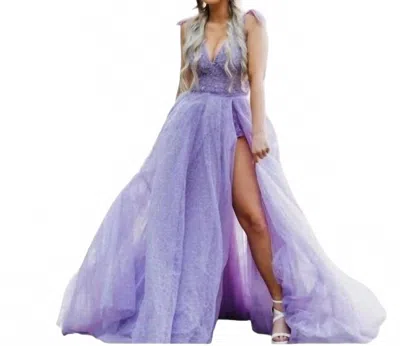 Sherri Hill Feather Shoulder Strap Gown In Lilac In Blue